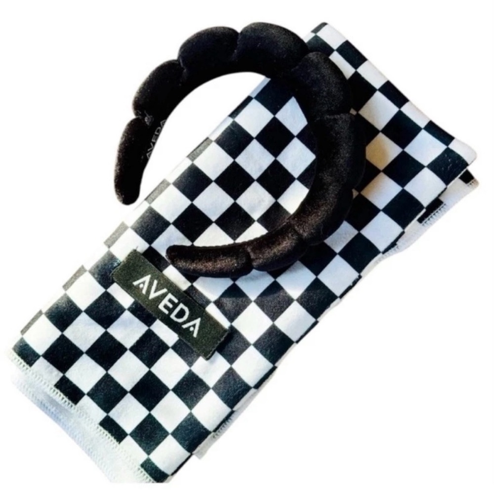 Aveda New Velvet Bubble Spa Headband XL Black White Check Microfiber Hair Towel